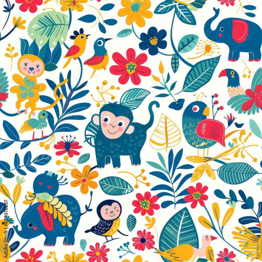 Obraz premium seamless jungle pattern with monkeys, parrots, and elephants