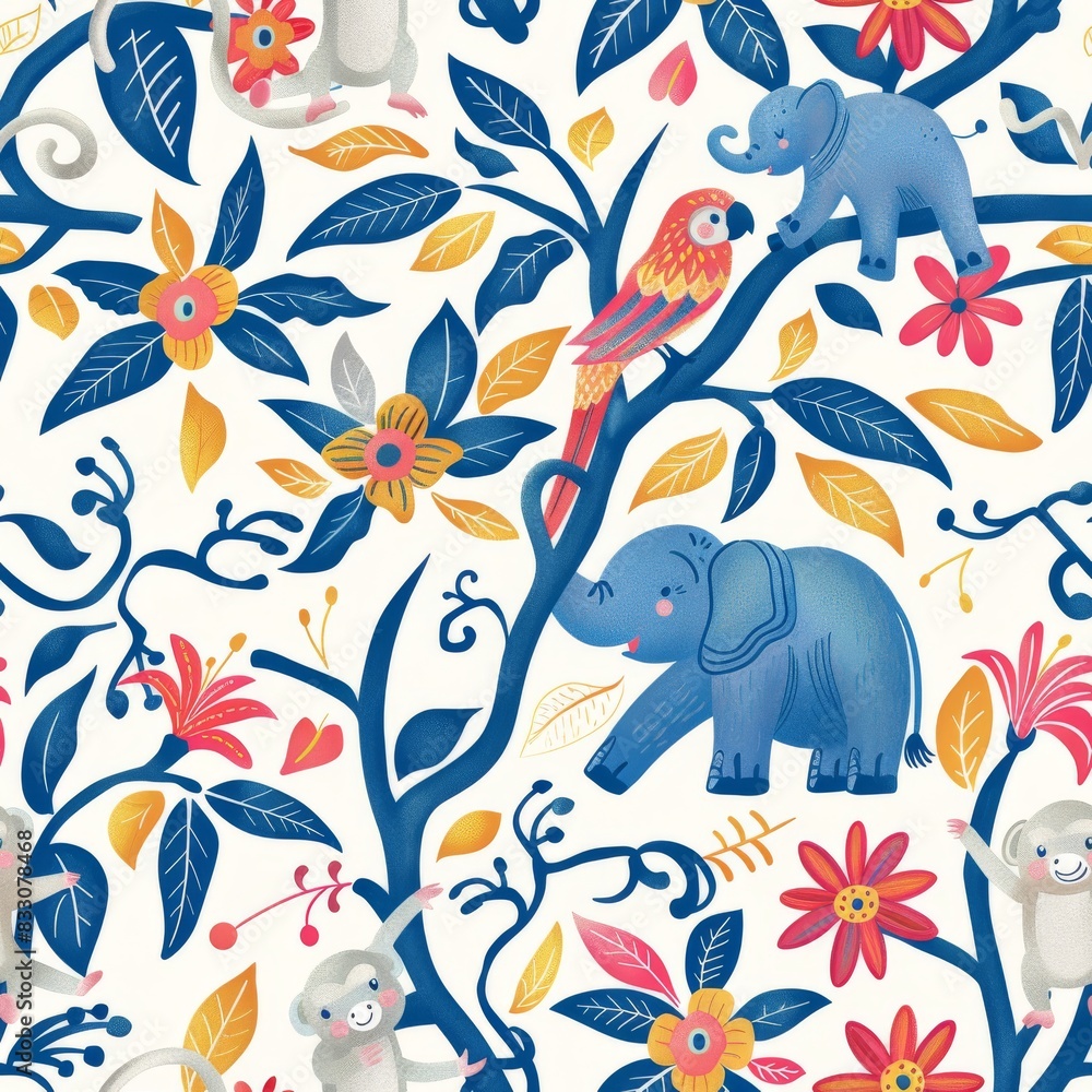Obraz premium seamless jungle pattern with monkeys, parrots, and elephants
