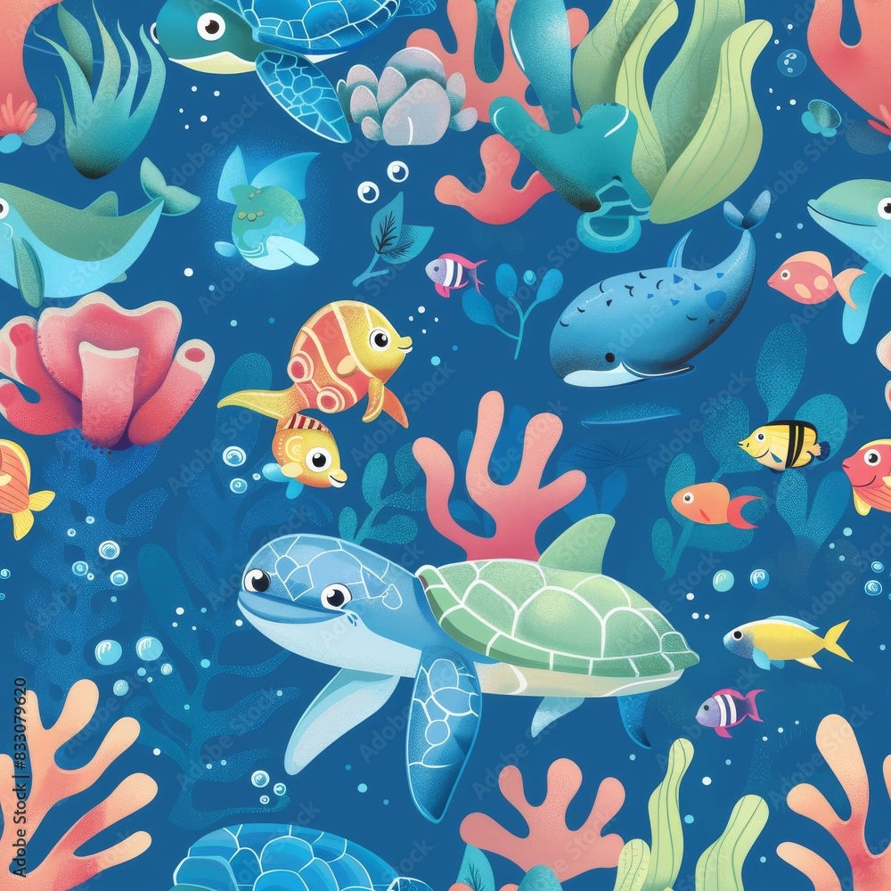 seamless underwater pattern coral with fish, turtles, and dolphins seamless underwater pattern coral with fish, turtles, and dolphins