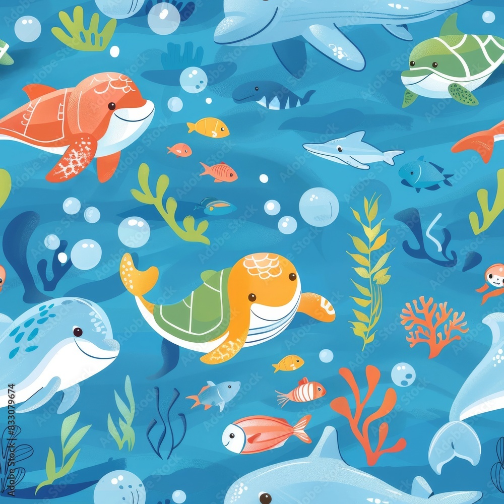 seamless underwater pattern coral with fish, turtles, and dolphins seamless underwater pattern coral with fish, turtles, and dolphins
