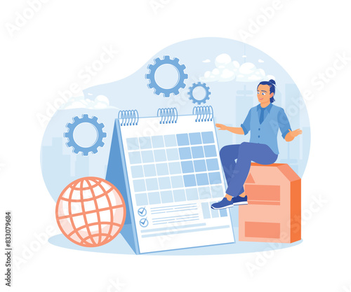 Men store rational information in electronic devices. Digital privacy data protection. Data Management concept. Flat vector illustration.