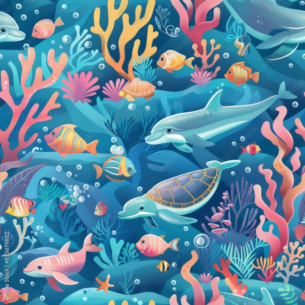 Fototapeta premium seamless underwater pattern coral with fish, turtles, and dolphins