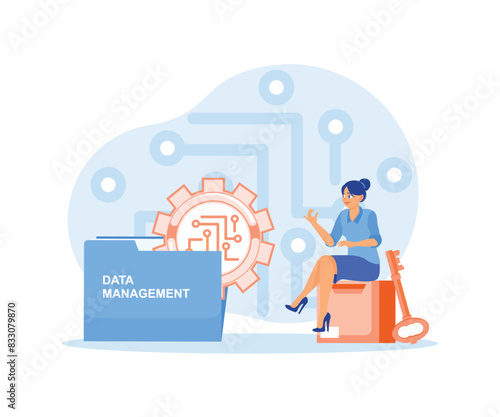 Women organize the storage of rational information. Efficient and secure data manager. Data Management concept. Flat vector illustration.