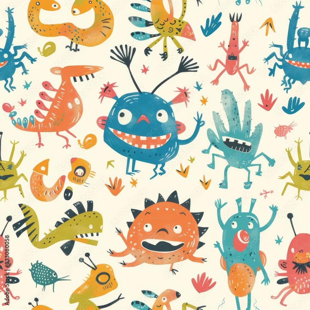 seamless imaginary friends pattern with monsters and aliens