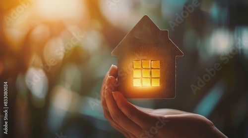 Person hand holding house icon with energy efficiency scale image photo