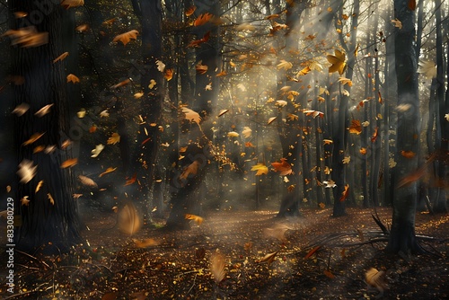 A whirlwind of autumn leaves dancing in a forest clearing photo