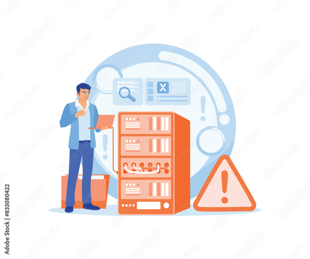 Businessman stores files on a server connected to a server rack. Protect data online. Database concept. Flat vector illustration. Businessman stores files on a server connected to a server rack. Protect data online. Database concept. Flat vector illustration.