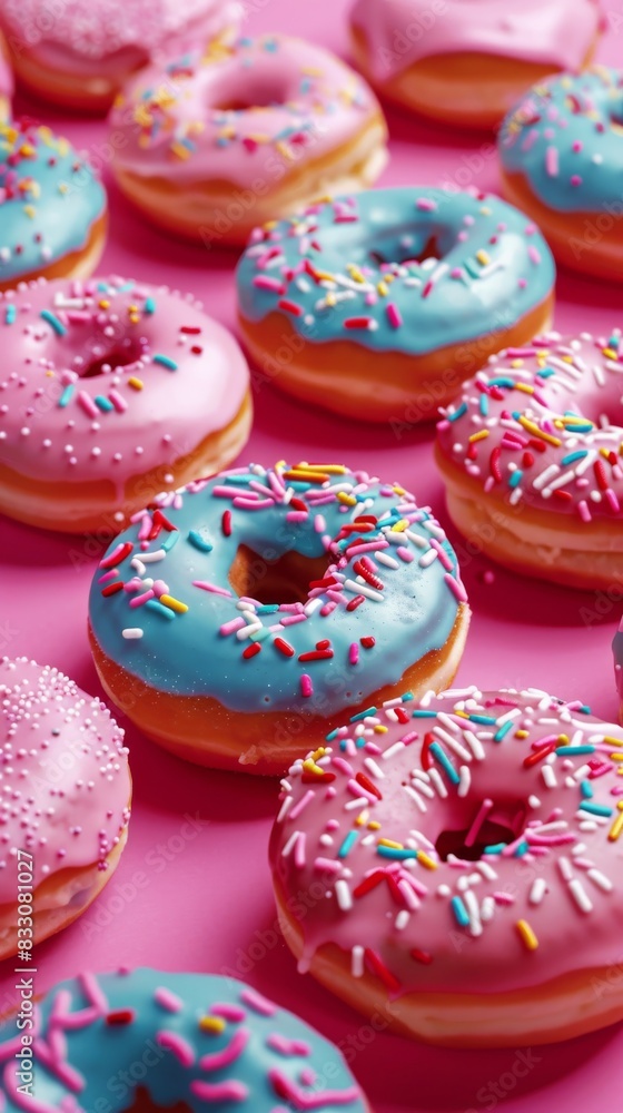 A close-up of colorful donuts with pink and blue icing and sprinkles on a pink background A close-up of colorful donuts with pink and blue icing and sprinkles on a pink background