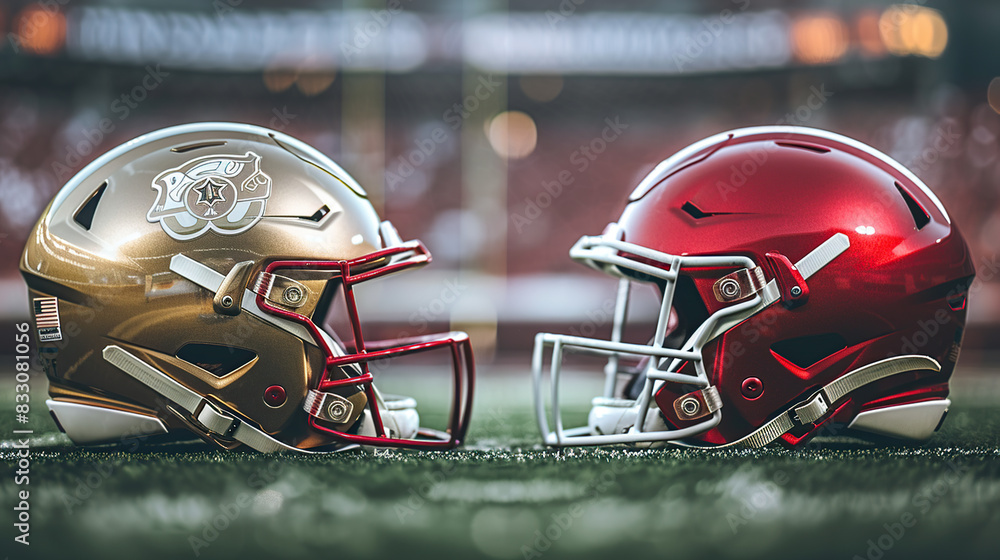 Fototapeta premium A close-up of Two football helmets on the grass