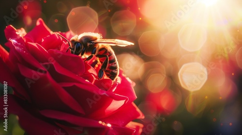 Close-up of a bee on a red rose with bright sunlight background wallpaper, insect nature life concept for designer