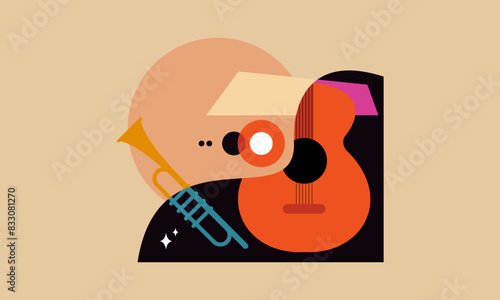 Jazz music. Concert instruments, posters with piano, saxophone