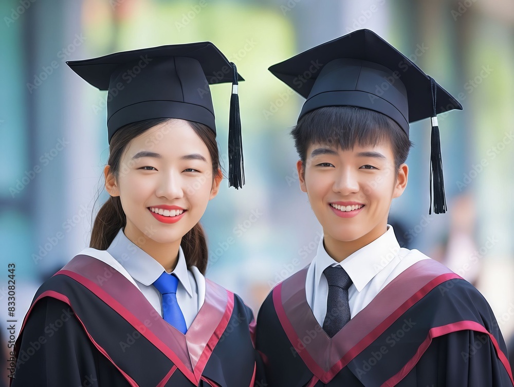 Two graduates in graduation gowns posing for a photo. Two graduates in graduation gowns posing for a photo.