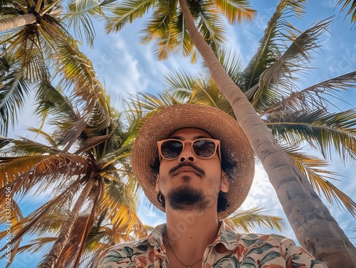 Man in hat and sunglasses standing under palm trees. photo