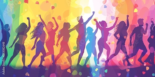 Silhouettes of women dancing in front of rainbow background.
