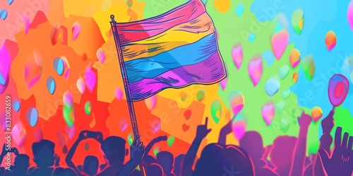 The crowd of people celebrating with the pansexual flag. photo