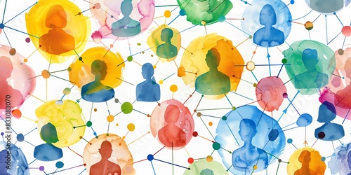 Watercolor painting of diverse people connected by a social network.