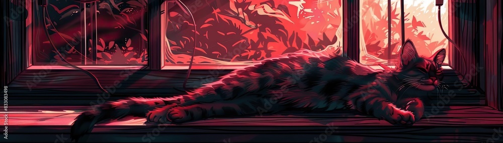 Fototapeta premium A relaxed tabby cat stretches out on a window ledge bathed in warm, vibrant sunset hues, capturing a moment of peaceful tranquility and nature.