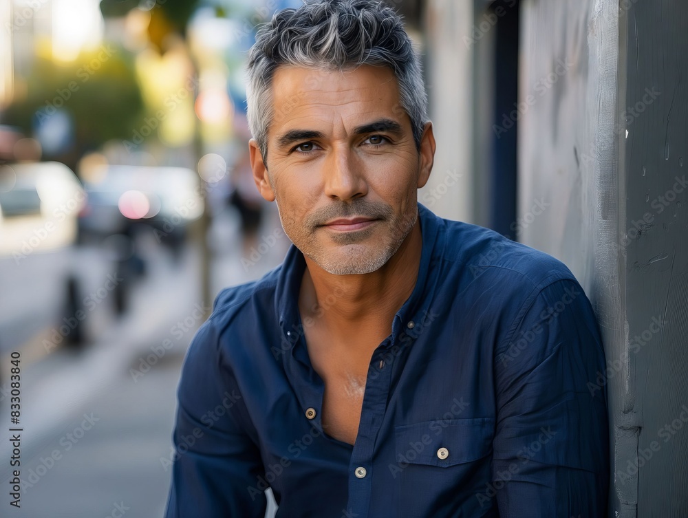 A man with grey hair leaning against a wall. A man with grey hair leaning against a wall.