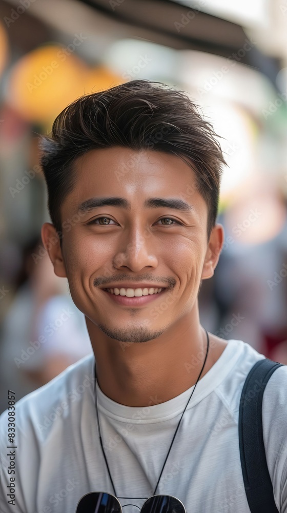 A young man smiling in a city. A young man smiling in a city.