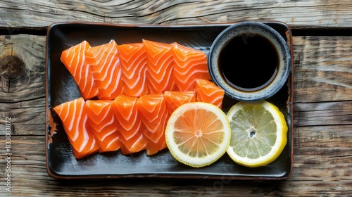 Salmon sashimi served with funchosa, lemon and soy sauce on wooden table, top view Generative Ai