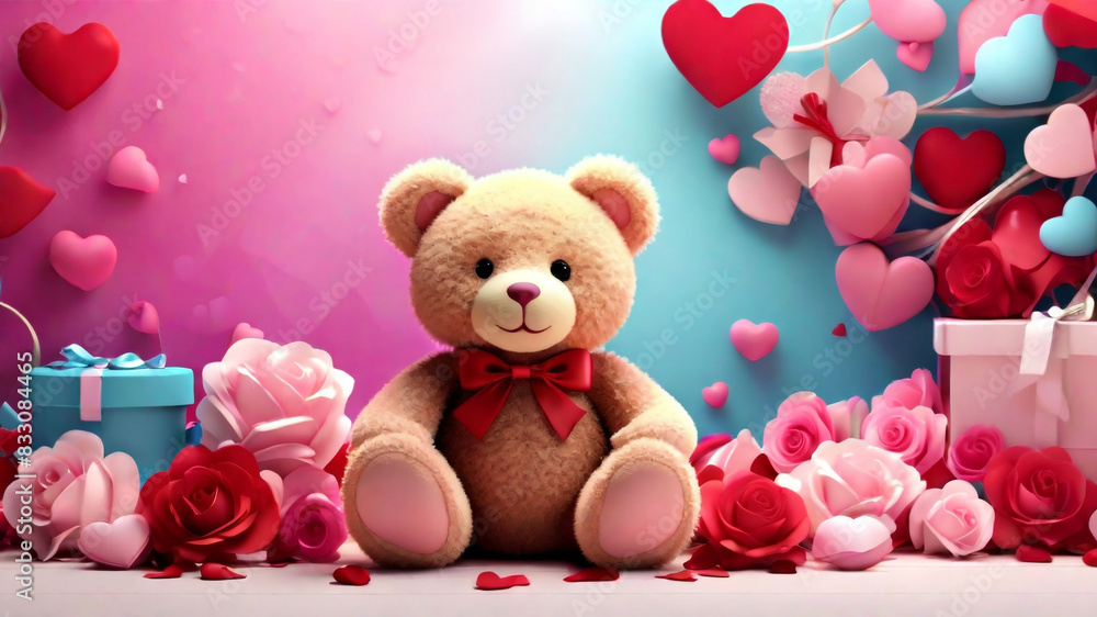 A teddy with stunning valentine's background and rosess concept by teddy day A teddy with stunning valentine's background and rosess concept by teddy day