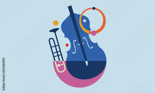 Jazz music. Concert instruments, posters with piano, saxophone