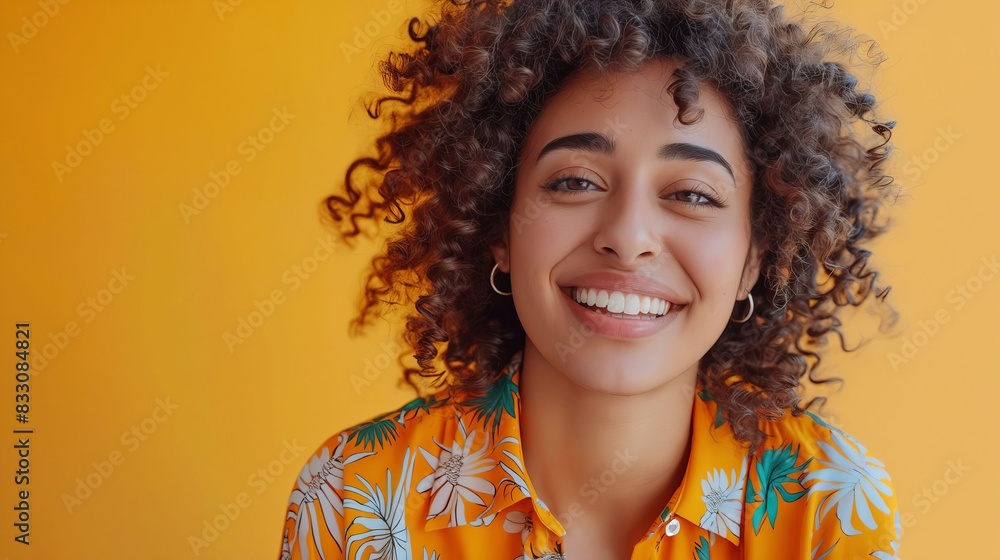 A smiling woman with curly hair on a yellow background. A smiling woman with curly hair on a yellow background.