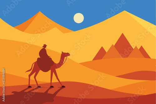 Camel Rider Crossing Vast Desert Hill Arabian Landscape vector illustration