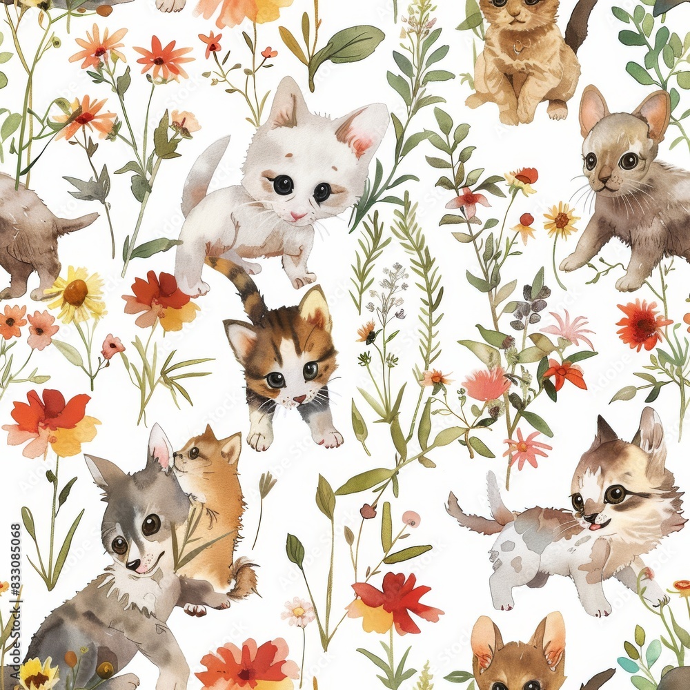 Obraz premium seamless pattern of cartoon animal puppies, kittens, and baby farm friends with wildflowers