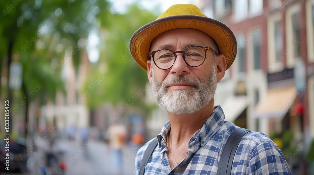 A man with glasses and a hat standing in the street. A man with glasses and a hat standing in the street.