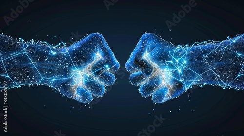 Two hands fist bump punch fists in a glowing blue lines and dots on a dark background photo