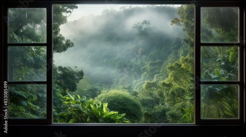 window of a tropical forest with fog in the morning during the rainy season 