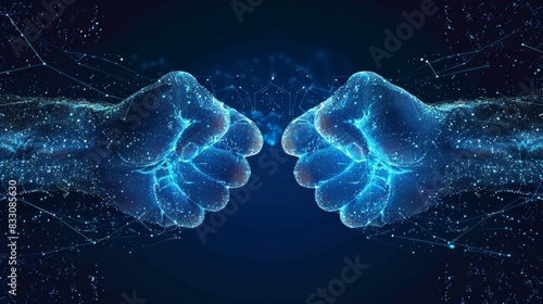 Two hands fist bump punch fists in a glowing blue lines and dots on a dark background photo