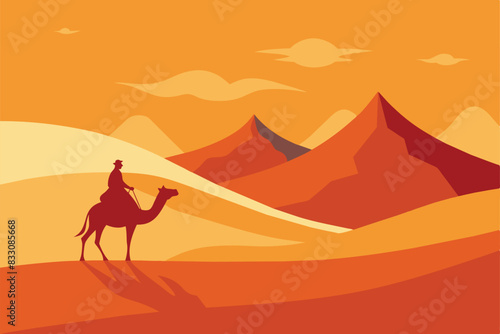 Camel Rider Crossing Vast Desert Hill Arabian Landscape vector illustration