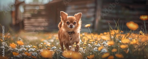 Adorable Chihuahua strutting through a field of wildflowers on a sunny day, with a rustic wooden fence in the background. photo