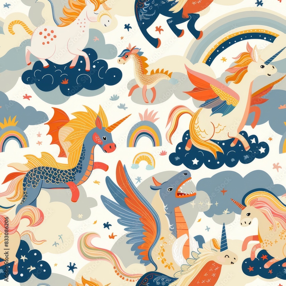 seamless pattern of friendly dragons, unicorns, and griffins seamless pattern of friendly dragons, unicorns, and griffins