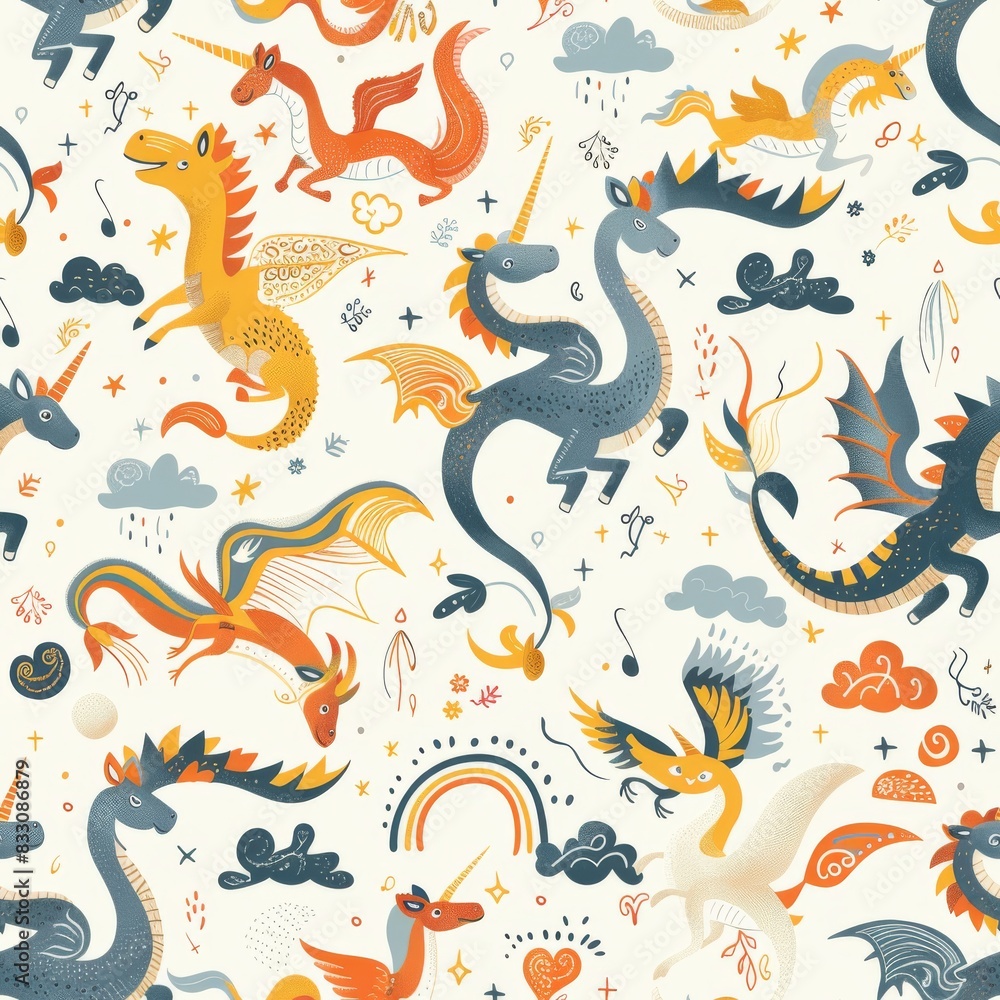 seamless pattern of friendly dragons, unicorns, and griffins seamless pattern of friendly dragons, unicorns, and griffins