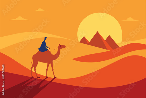 Camel Rider Crossing Vast Desert Hill Arabian Landscape vector illustration