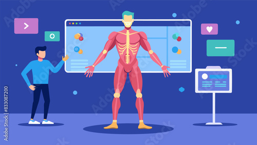 A virtual anatomy lesson where users can explore and interact with different muscle groups in a 3D environment.. Vector illustration