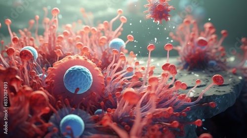 Microscopic World: 3D Illustration of Amoeba Engulfing Bacteria in a Biological Interaction photo