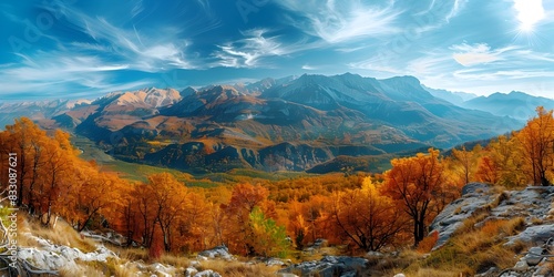 Breathtaking Autumn Landscape of Majestic Mountains and Vibrant Golden Forests Beneath Serene Blue Skies Showcasing the Beauty and Tranquility of