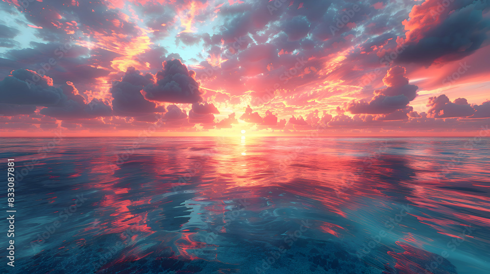 An ultra HD view of a nature coral atoll at sunrise, the sky glowing with vibrant colors and the water reflecting the light