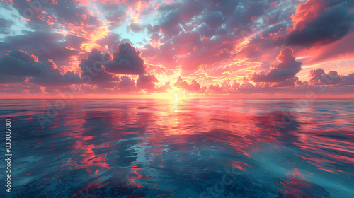 An ultra HD view of a nature coral atoll at sunrise  the sky glowing with vibrant colors and the water reflecting the light
