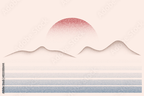 Stipple gradient landscape with mountains sun and sea. Vector illustration with spray effect. Abstract dotted halftone texture. Dusty eclipse. Grunge vintage solar and waves. Dissolve fade desert. photo