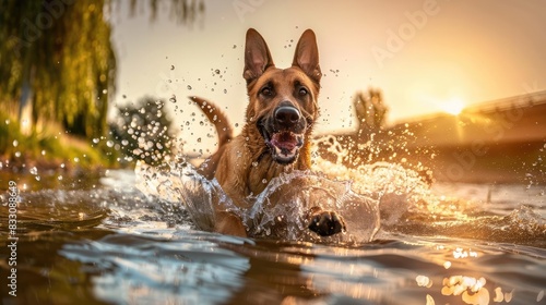 Joyful dog splashing in a lake during sunset, capturing a lively and energetic moment in nature. photo