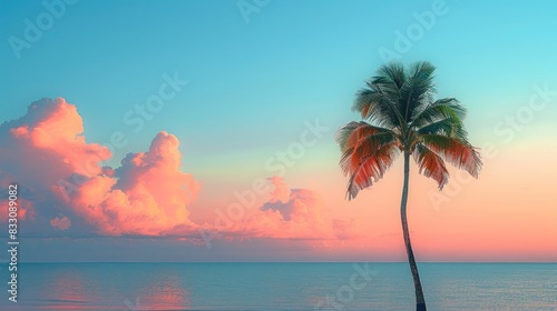 Serene tropical beach sunset with palm tree  calm ocean  and pink clouds in a beautiful and colorful dreamy evening sky