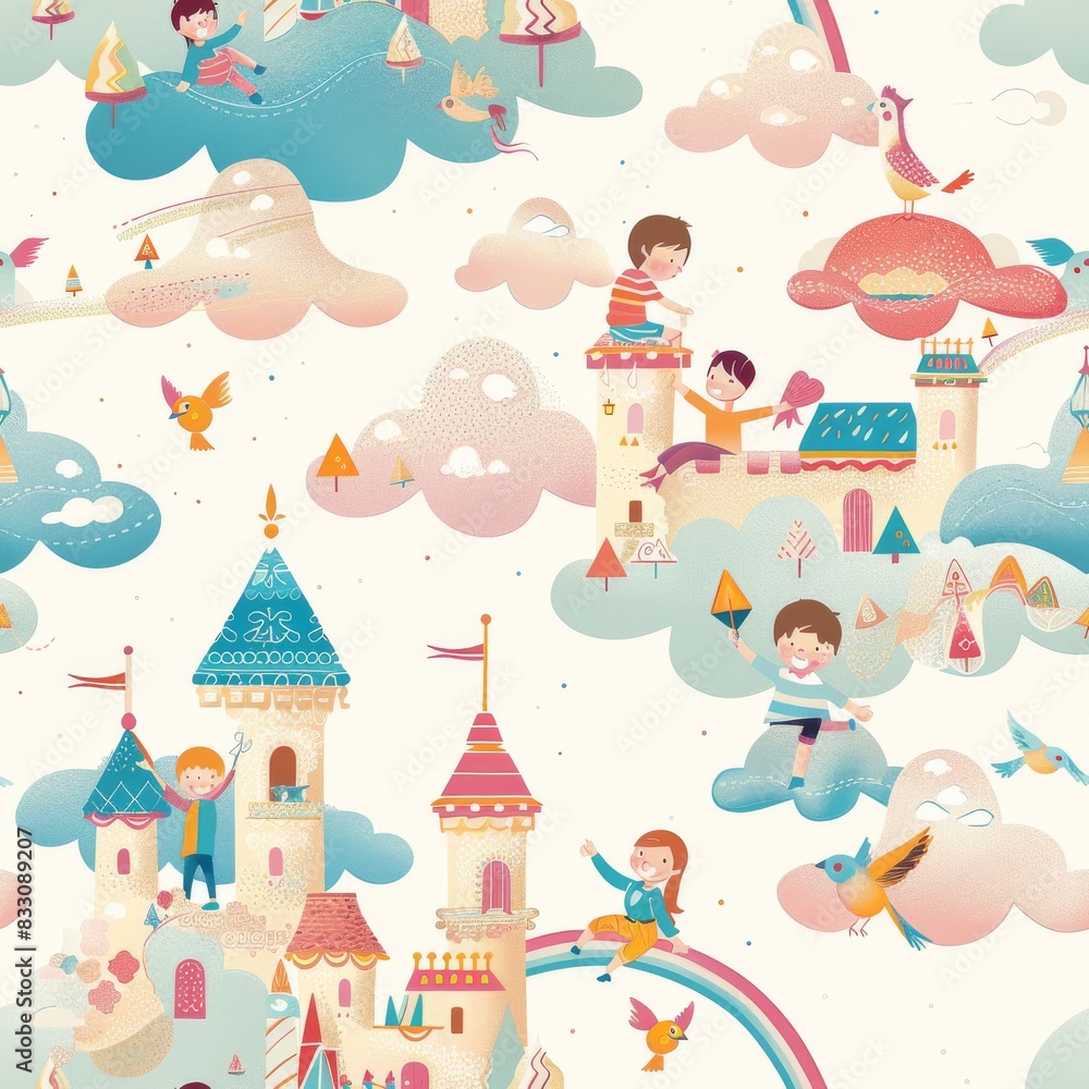 seamless pattern of children on fantastical fluffy cloud castles with rainbows bridges seamless pattern of children on fantastical fluffy cloud castles with rainbows bridges