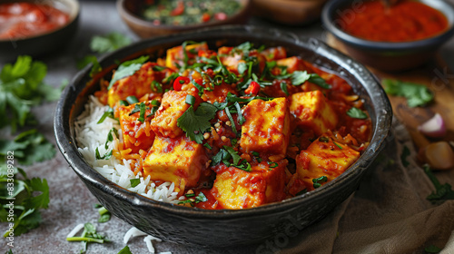 Bowl of Fresh Delicious Paneer Tikka Masala and White Rice Served On Table On Blur Background
