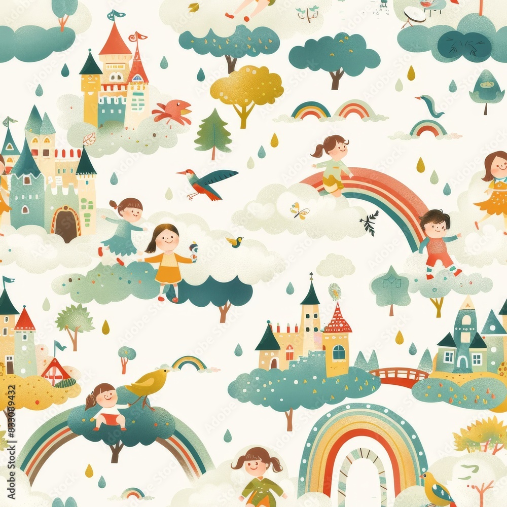 seamless pattern of children on fantastical fluffy cloud castles with rainbows bridges seamless pattern of children on fantastical fluffy cloud castles with rainbows bridges