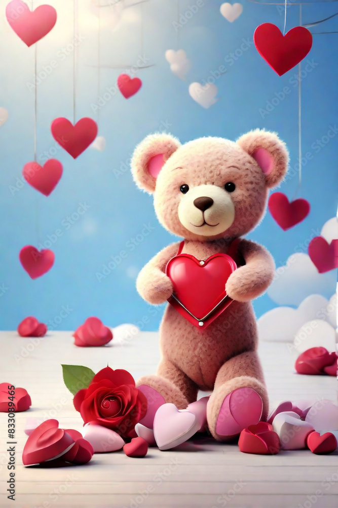 A romantic valentine's background with a teddy bear holding a heart symbol concept by teddy day A romantic valentine's background with a teddy bear holding a heart symbol concept by teddy day